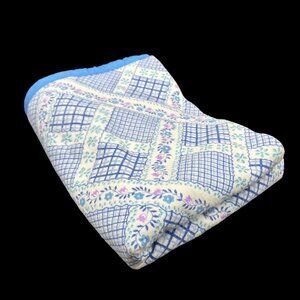 Vintage Floral Blanket Blue Purple White Acrylic Plaid Flowers Cottage Bedding